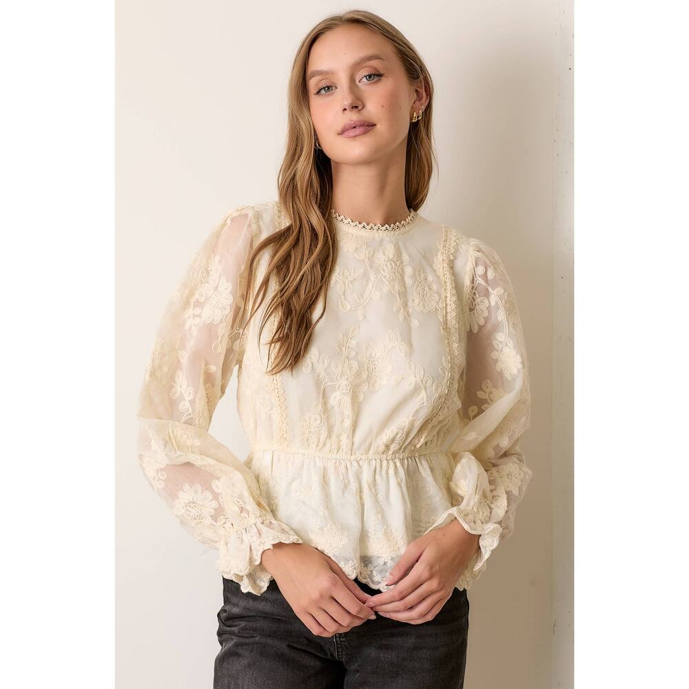 Polagram Cream Size Large Textured Lace Printed Long Sleeve Top